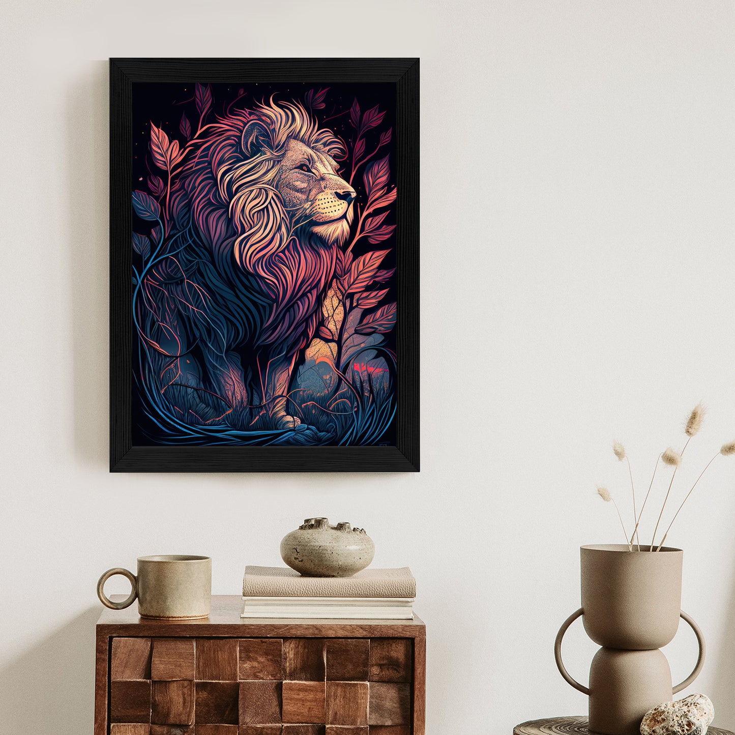 Poster Majestätischer Löwe In Illustration Rahmen Holz Mit Passepartout Farbe Natürlich