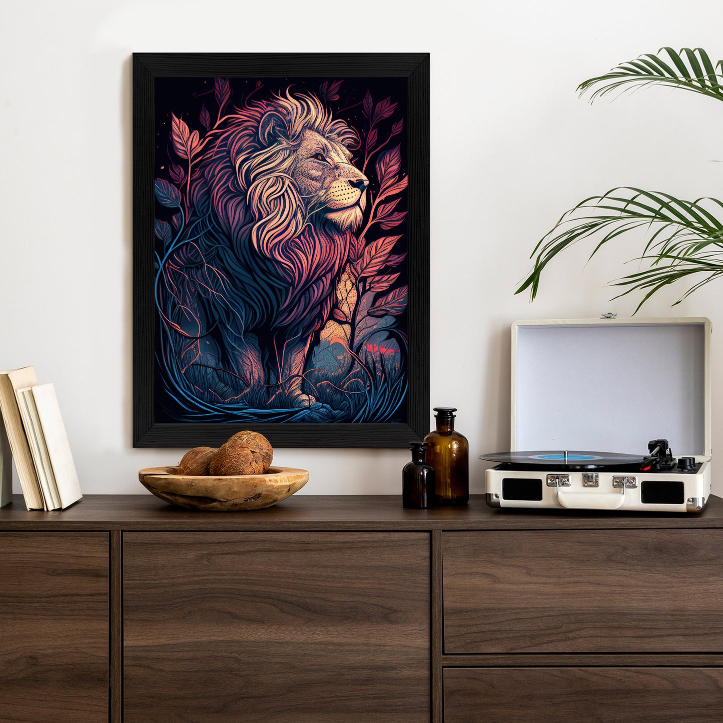 Poster Majestätischer Löwe In Illustration Rahmen Holz Mit Passepartout Farbe Natürlich