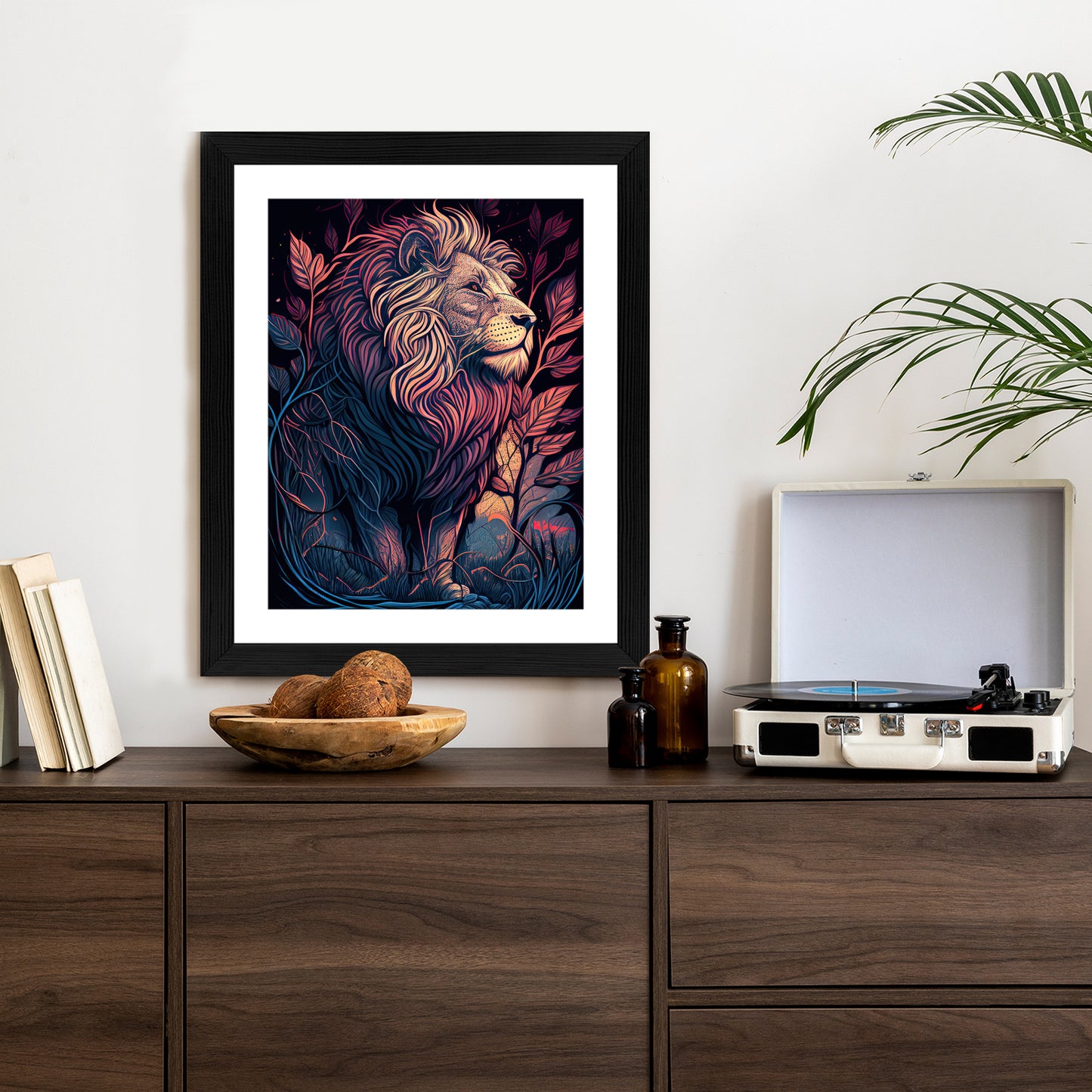 Poster Majestätischer Löwe In Illustration Rahmen Holz Mit Passepartout Farbe Natürlich