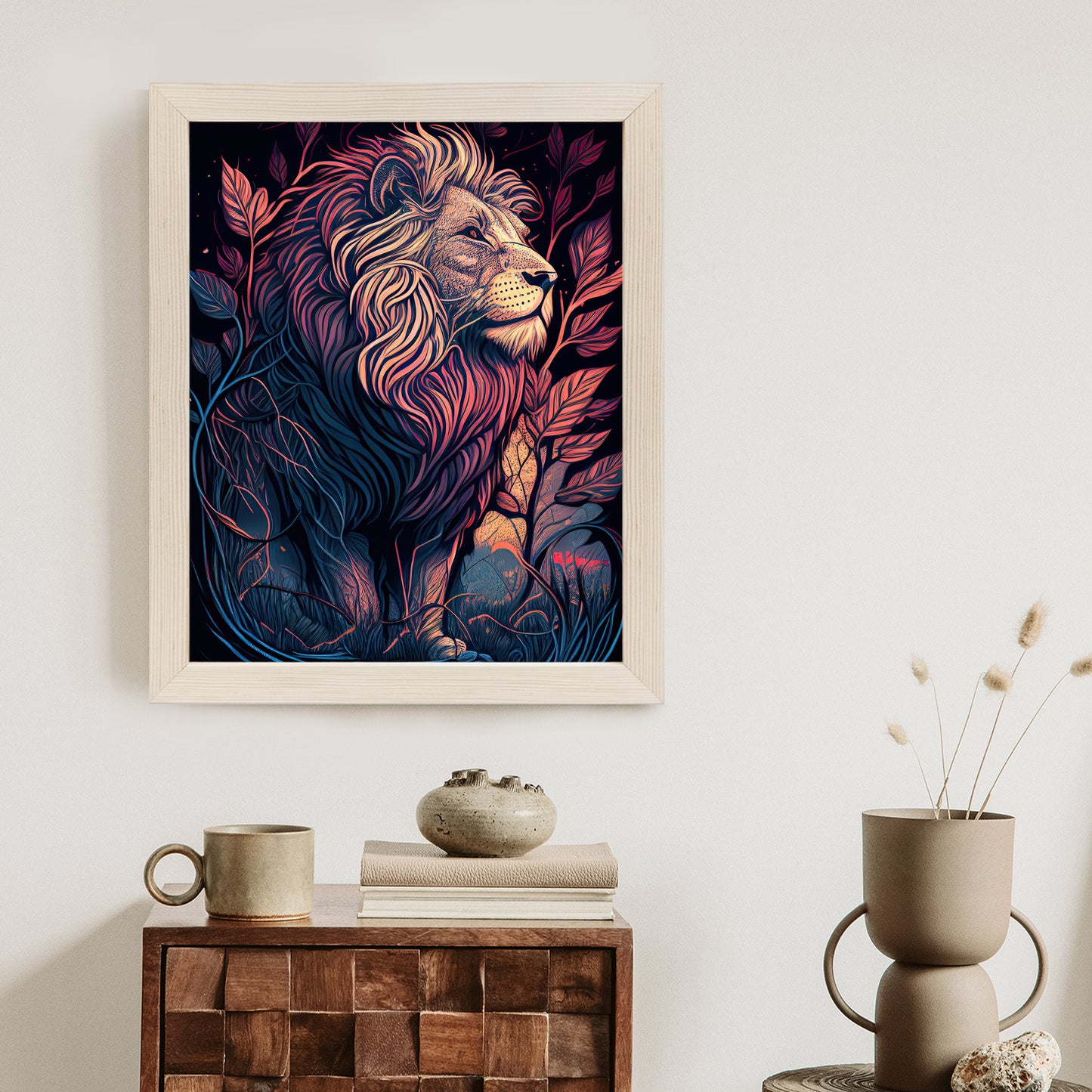 Poster Majestätischer Löwe In Illustration Rahmen Holz Mit Passepartout Farbe Natürlich