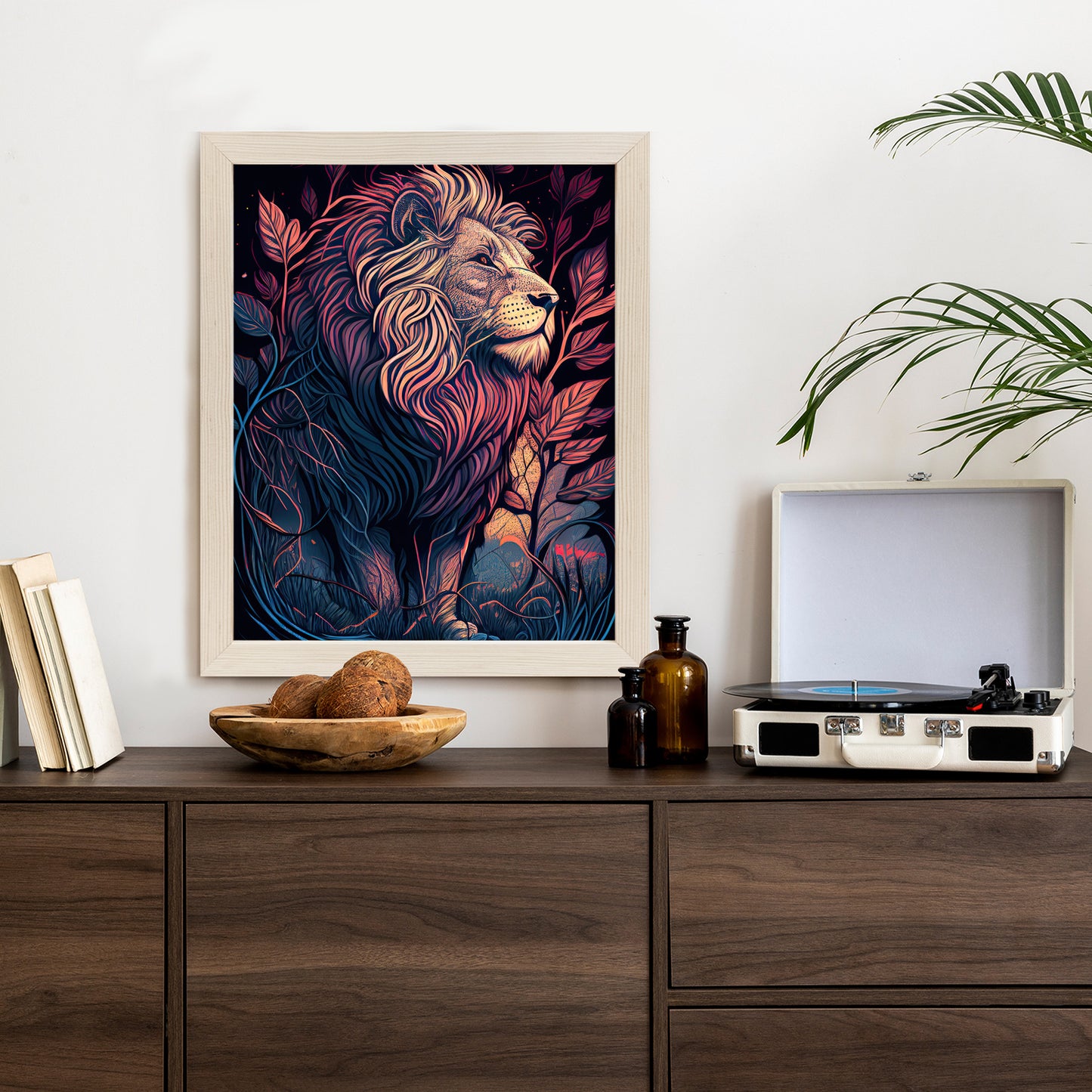 Poster Majestätischer Löwe In Illustration Rahmen Holz Mit Passepartout Farbe Natürlich