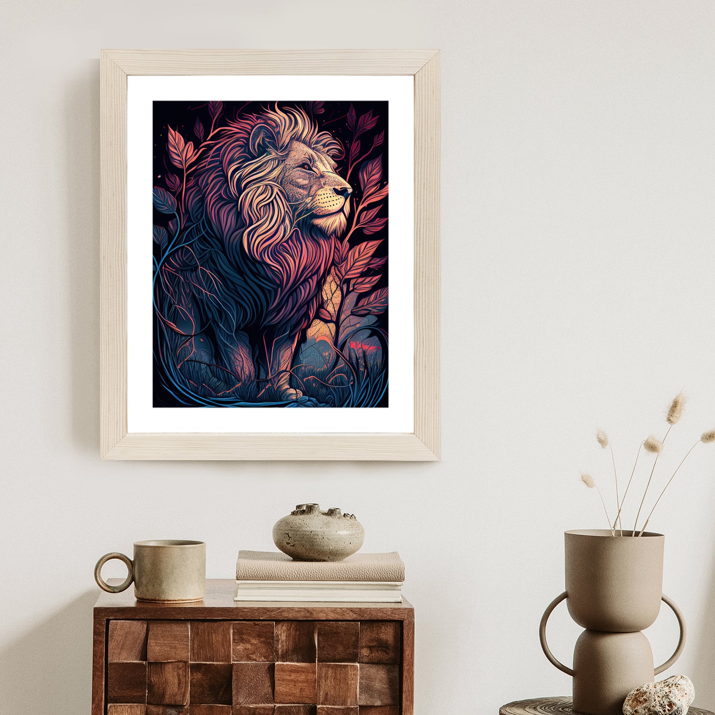 Poster Majestätischer Löwe In Illustration Rahmen Holz Mit Passepartout Farbe Natürlich
