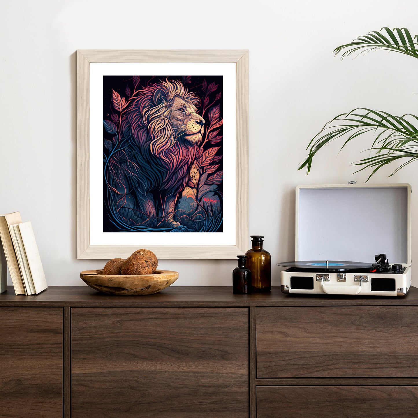 Poster Majestätischer Löwe In Illustration Rahmen Holz Mit Passepartout Farbe Natürlich