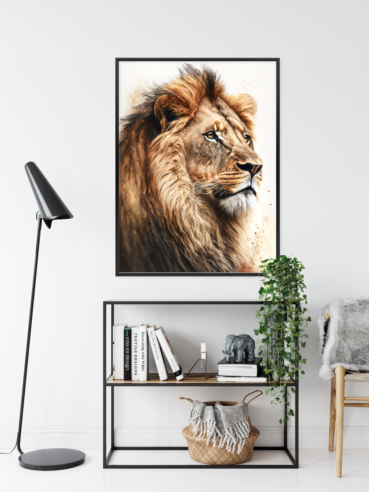 Poster Ein Löwe Mit Üppiger Mähne Rahmen Holz Mit Passepartout Farbe Natürlich