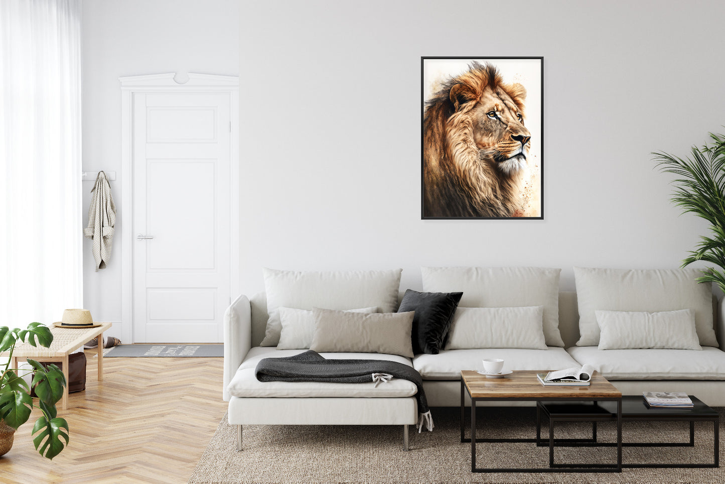 Poster Ein Löwe Mit Üppiger Mähne Rahmen Holz Mit Passepartout Farbe Natürlich