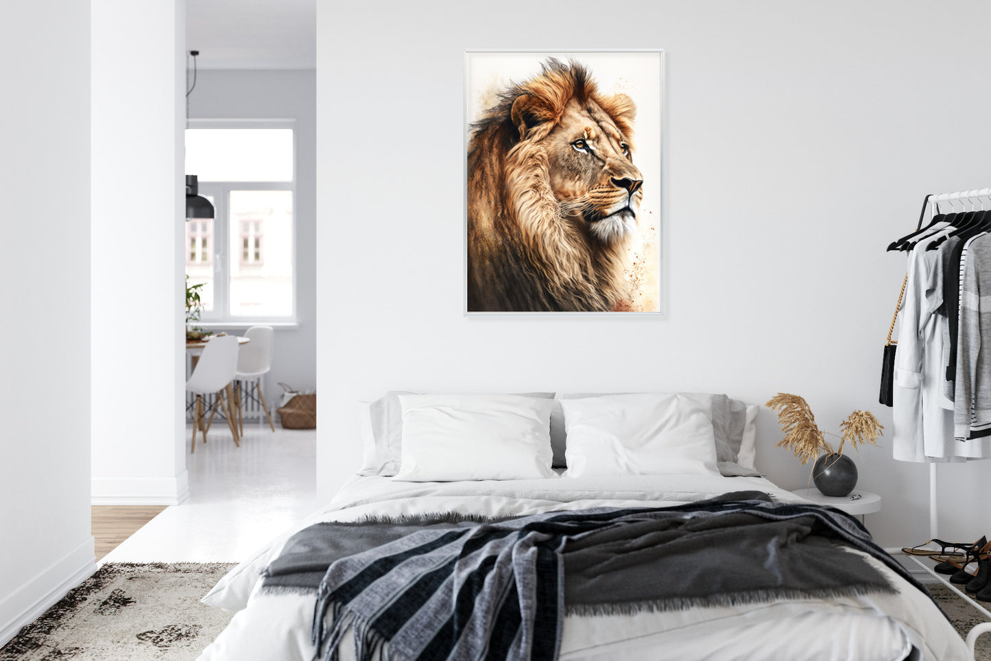 Poster Ein Löwe Mit Üppiger Mähne Rahmen Holz Mit Passepartout Farbe Natürlich