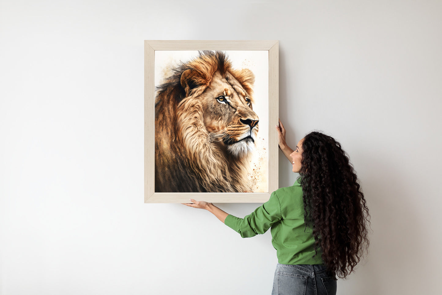 Poster Ein Löwe Mit Üppiger Mähne Rahmen Holz Mit Passepartout Farbe Natürlich