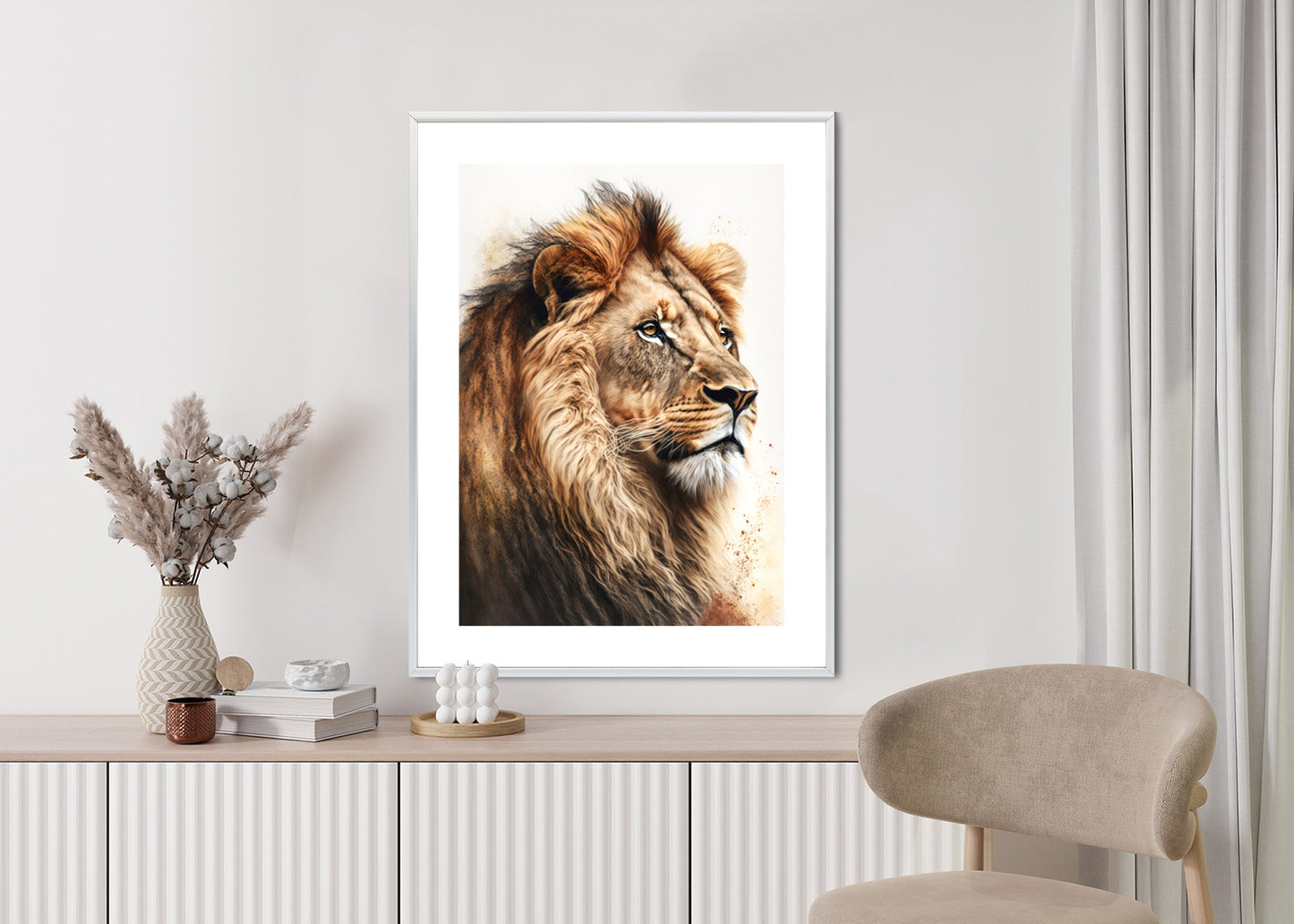 Poster Ein Löwe Mit Üppiger Mähne Rahmen Holz Mit Passepartout Farbe Natürlich