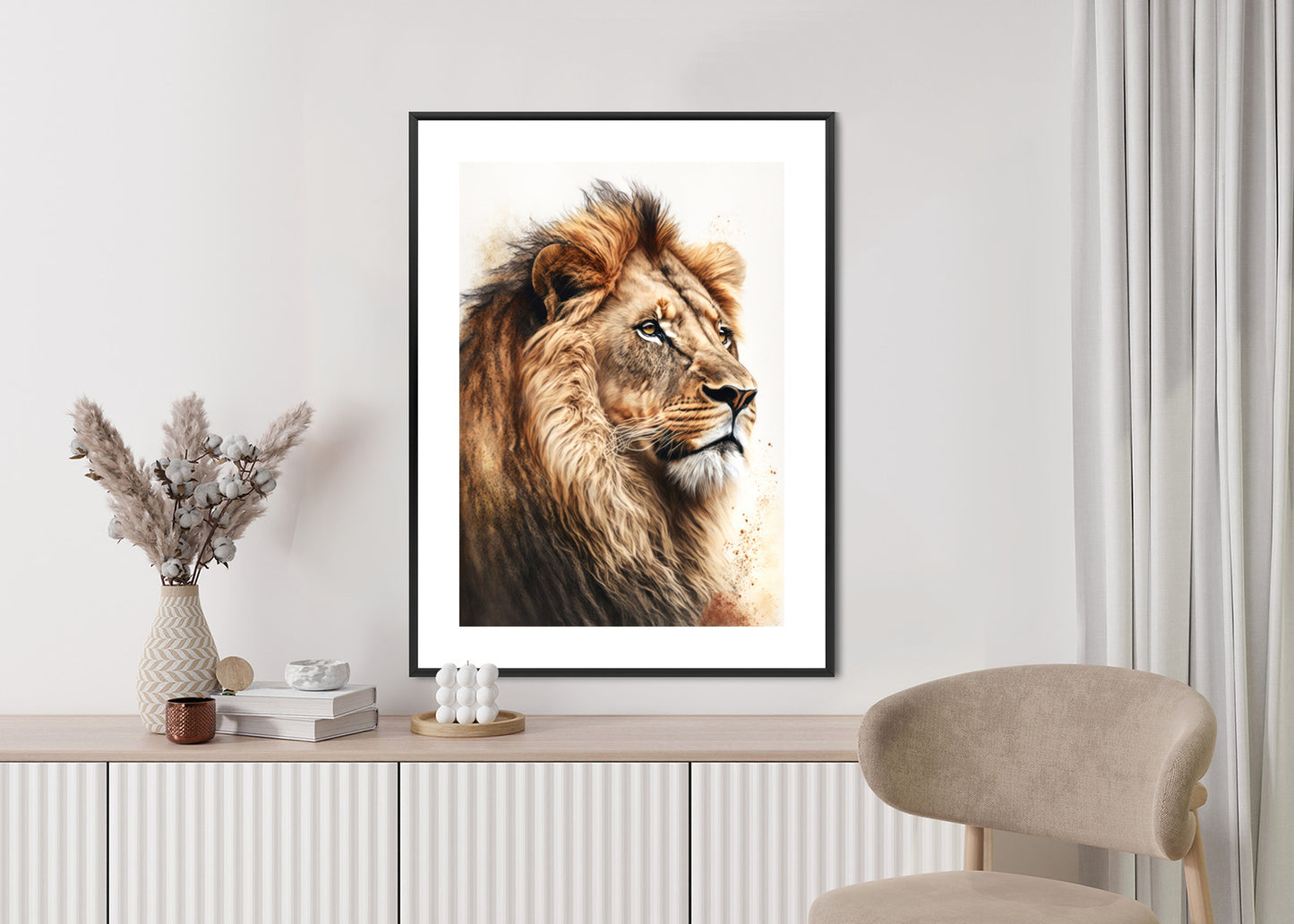 Poster Ein Löwe Mit Üppiger Mähne Rahmen Holz Mit Passepartout Farbe Natürlich