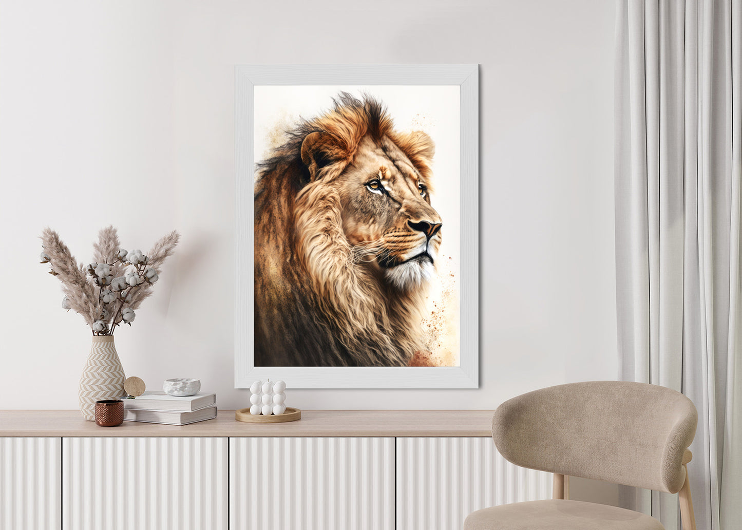 Poster Ein Löwe Mit Üppiger Mähne Rahmen Holz Mit Passepartout Farbe Natürlich