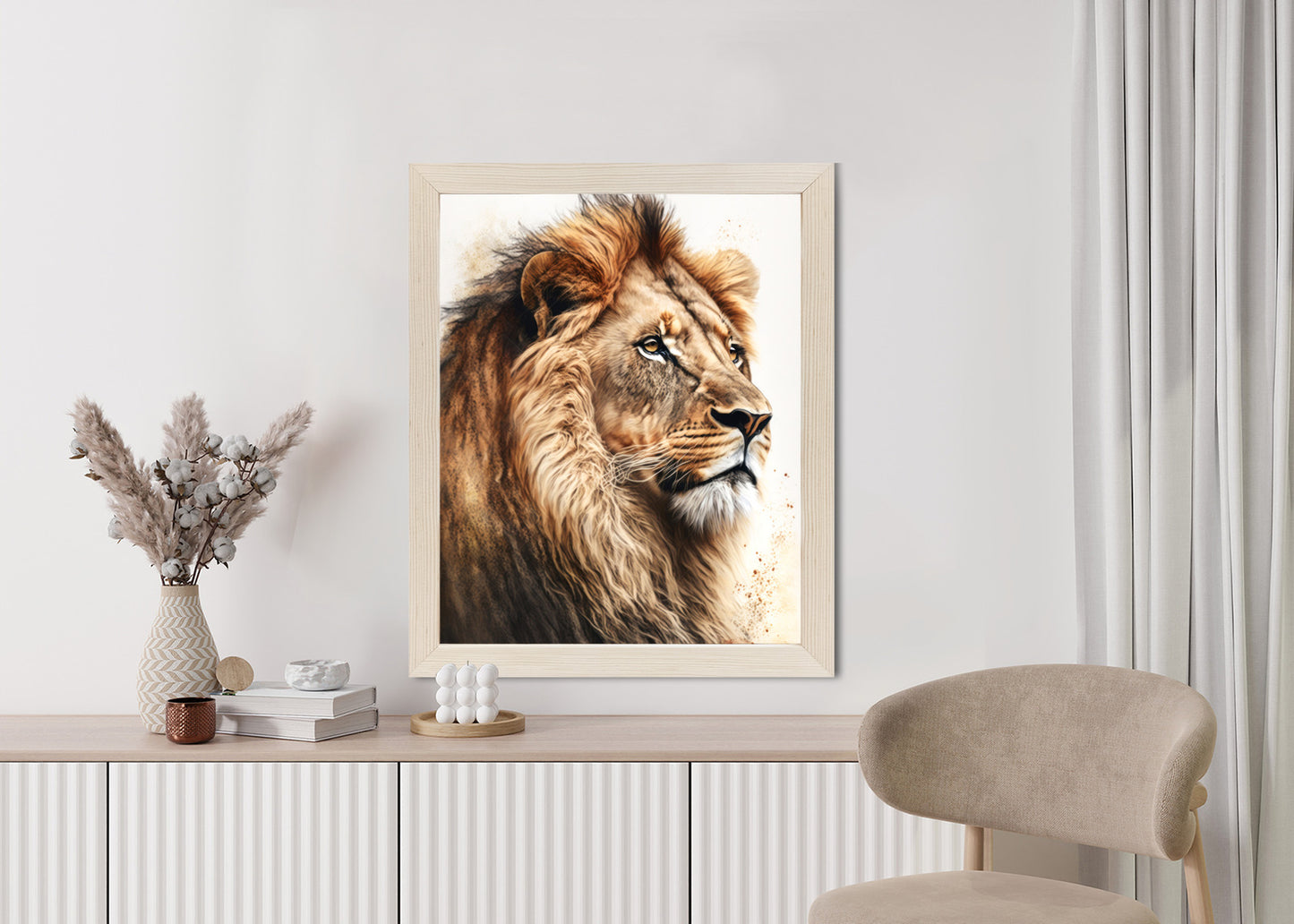 Poster Ein Löwe Mit Üppiger Mähne Rahmen Holz Mit Passepartout Farbe Natürlich