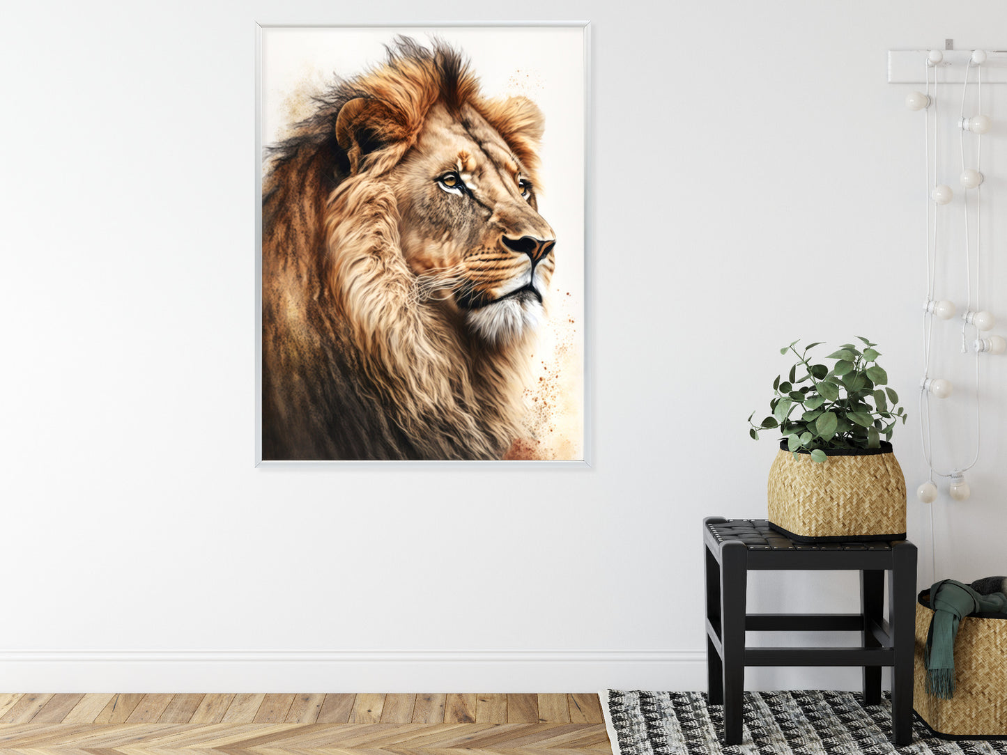 Poster Ein Löwe Mit Üppiger Mähne Rahmen Holz Mit Passepartout Farbe Natürlich
