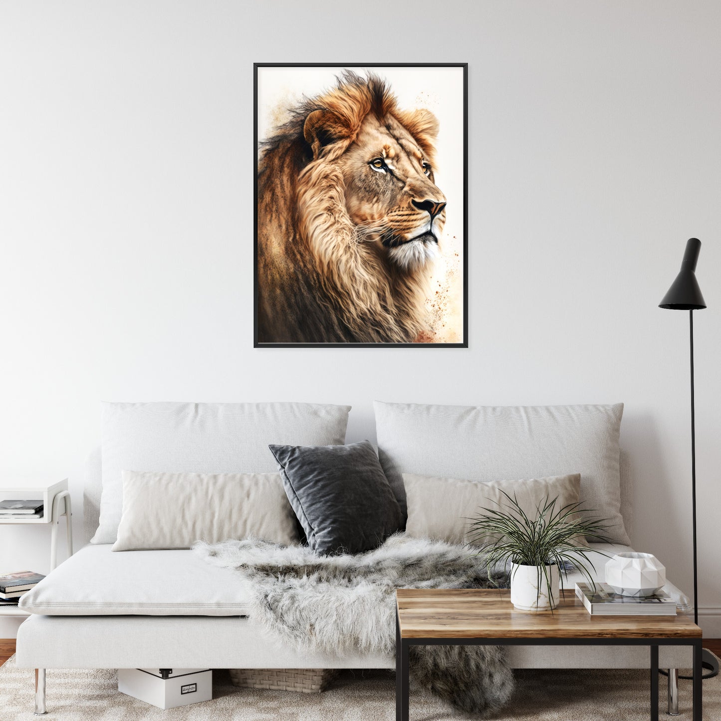 Poster Ein Löwe Mit Üppiger Mähne Rahmen Holz Mit Passepartout Farbe Natürlich