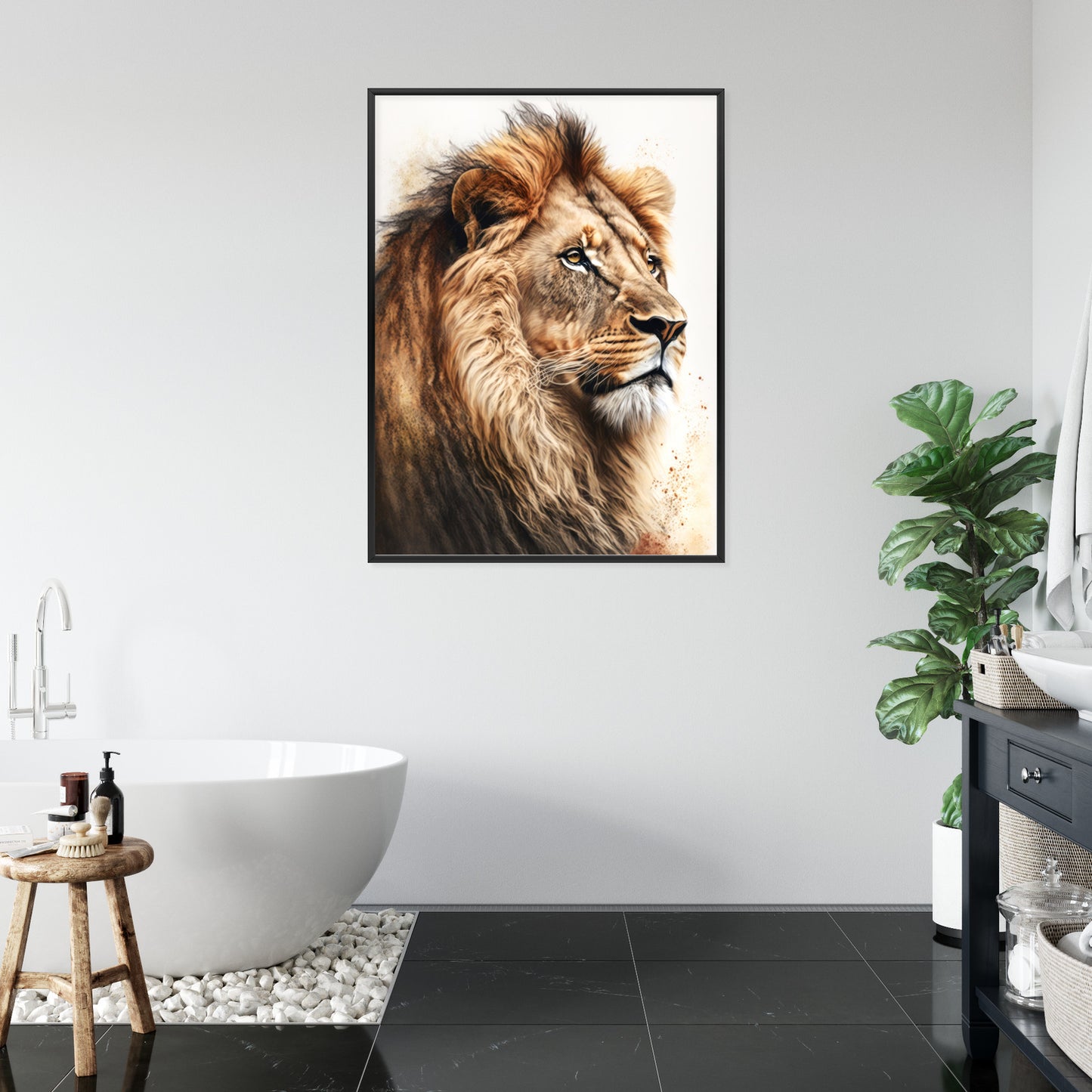 Poster Ein Löwe Mit Üppiger Mähne Rahmen Holz Mit Passepartout Farbe Natürlich
