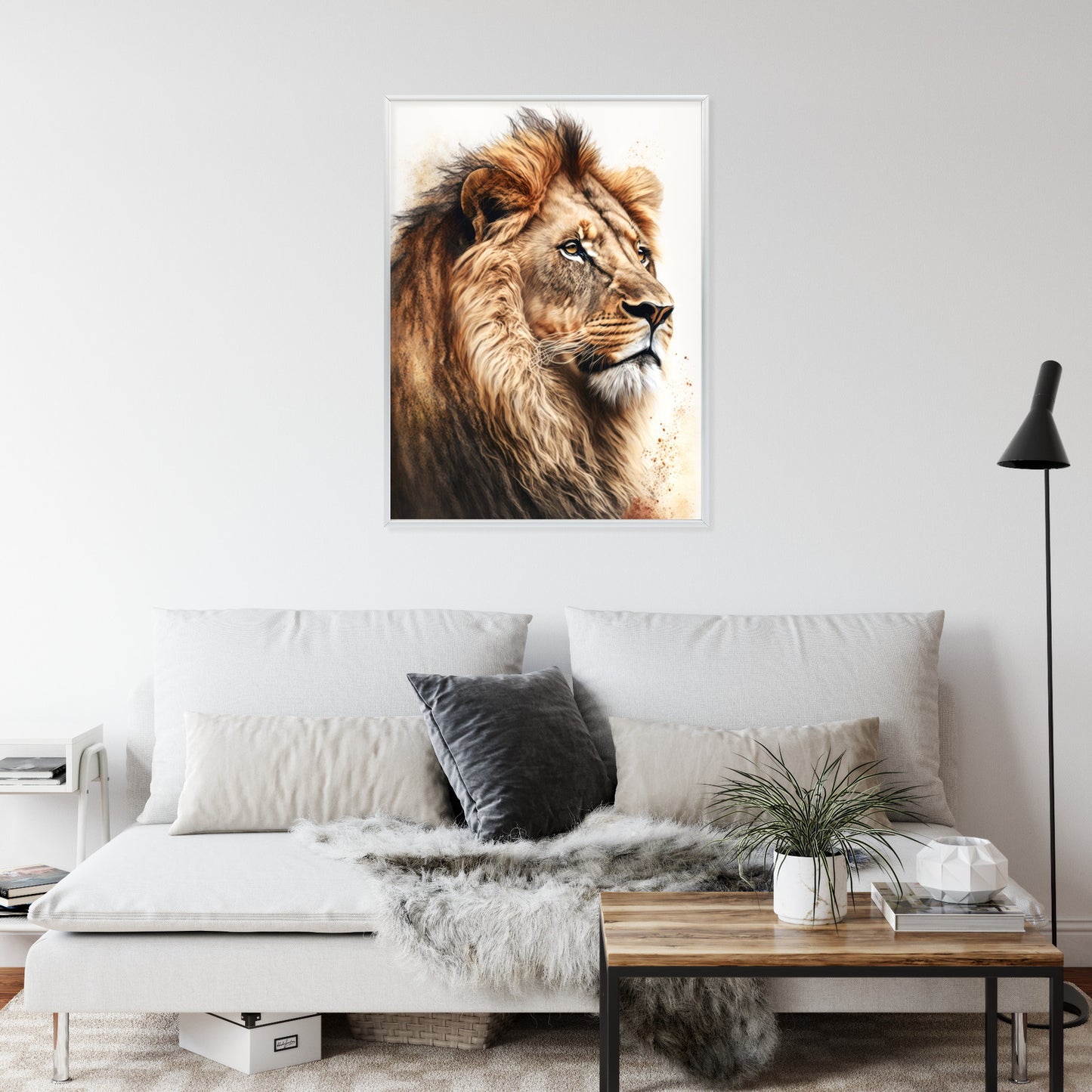 Poster Ein Löwe Mit Üppiger Mähne Rahmen Holz Mit Passepartout Farbe Natürlich