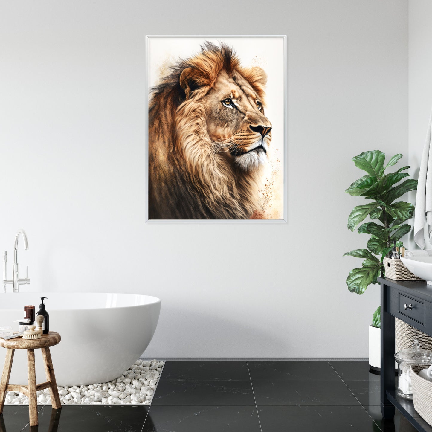 Poster Ein Löwe Mit Üppiger Mähne Rahmen Holz Mit Passepartout Farbe Natürlich