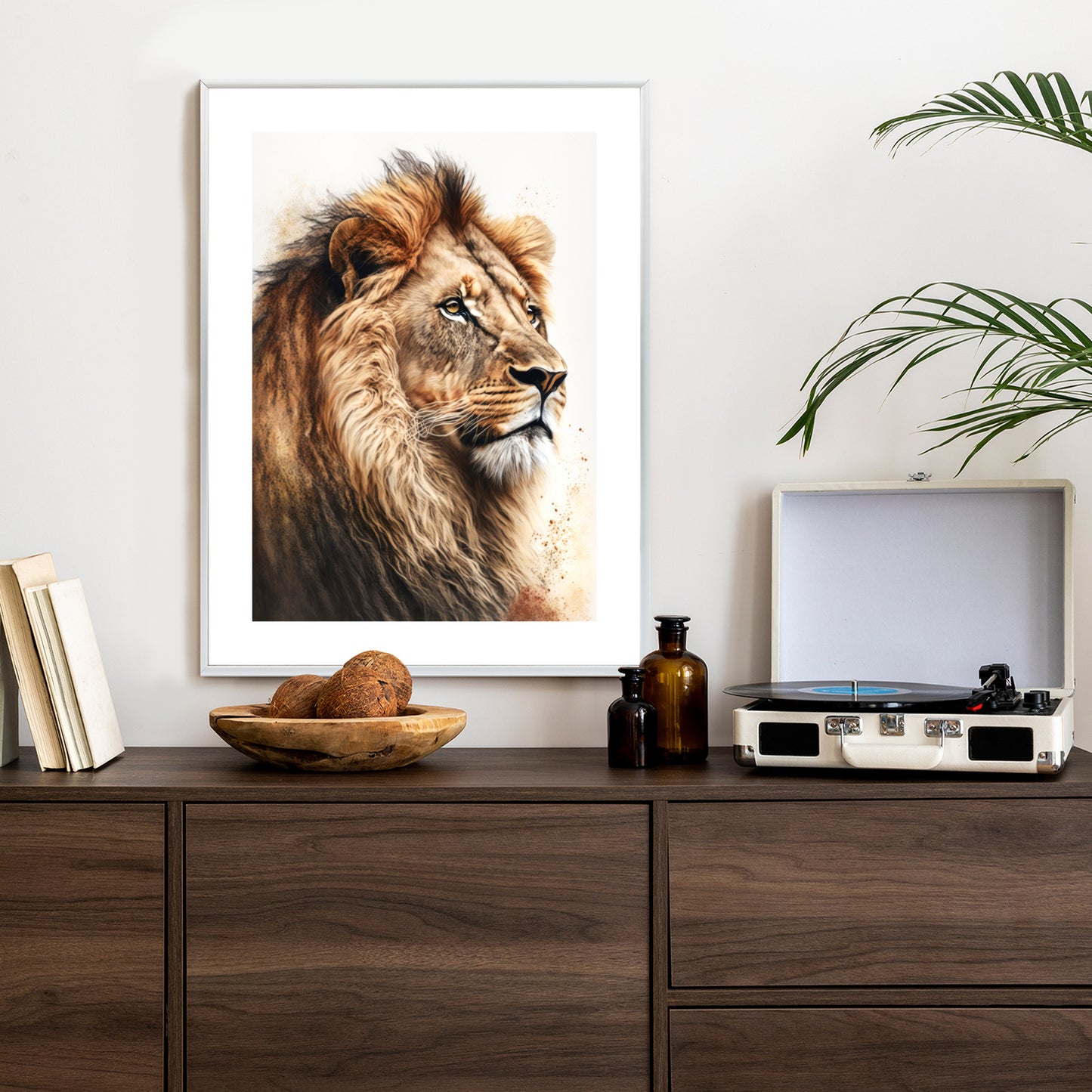 Poster Ein Löwe Mit Üppiger Mähne Rahmen Holz Mit Passepartout Farbe Natürlich