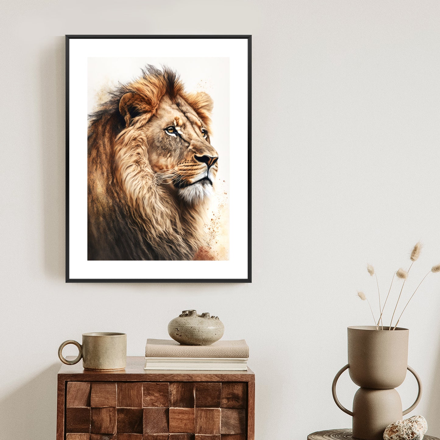 Poster Ein Löwe Mit Üppiger Mähne Rahmen Holz Mit Passepartout Farbe Natürlich