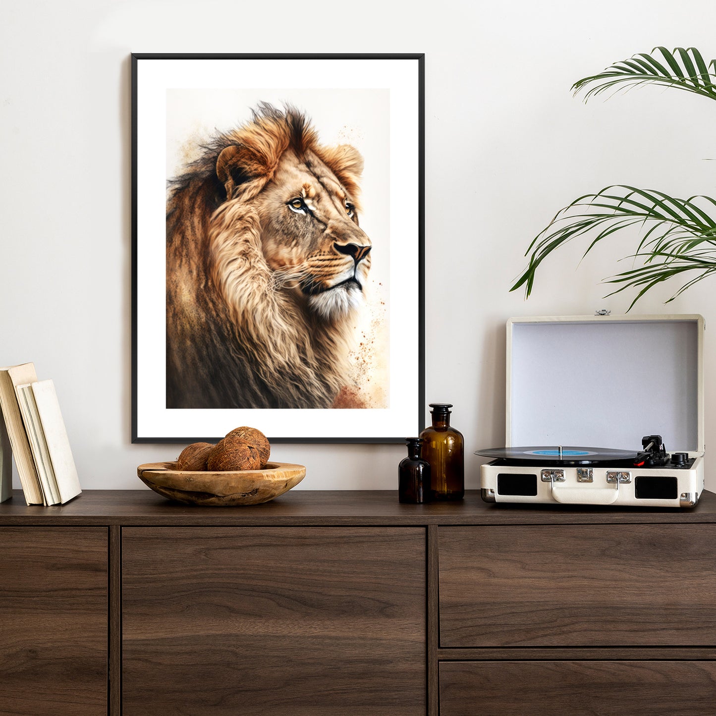 Poster Ein Löwe Mit Üppiger Mähne Rahmen Holz Mit Passepartout Farbe Natürlich