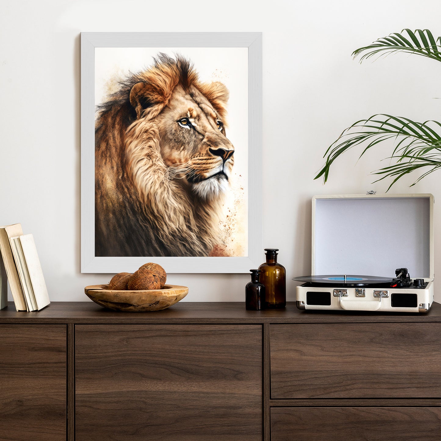 Poster Ein Löwe Mit Üppiger Mähne Rahmen Holz Mit Passepartout Farbe Natürlich