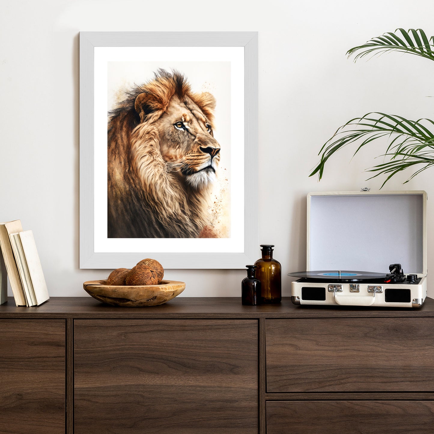 Poster Ein Löwe Mit Üppiger Mähne Rahmen Holz Mit Passepartout Farbe Natürlich