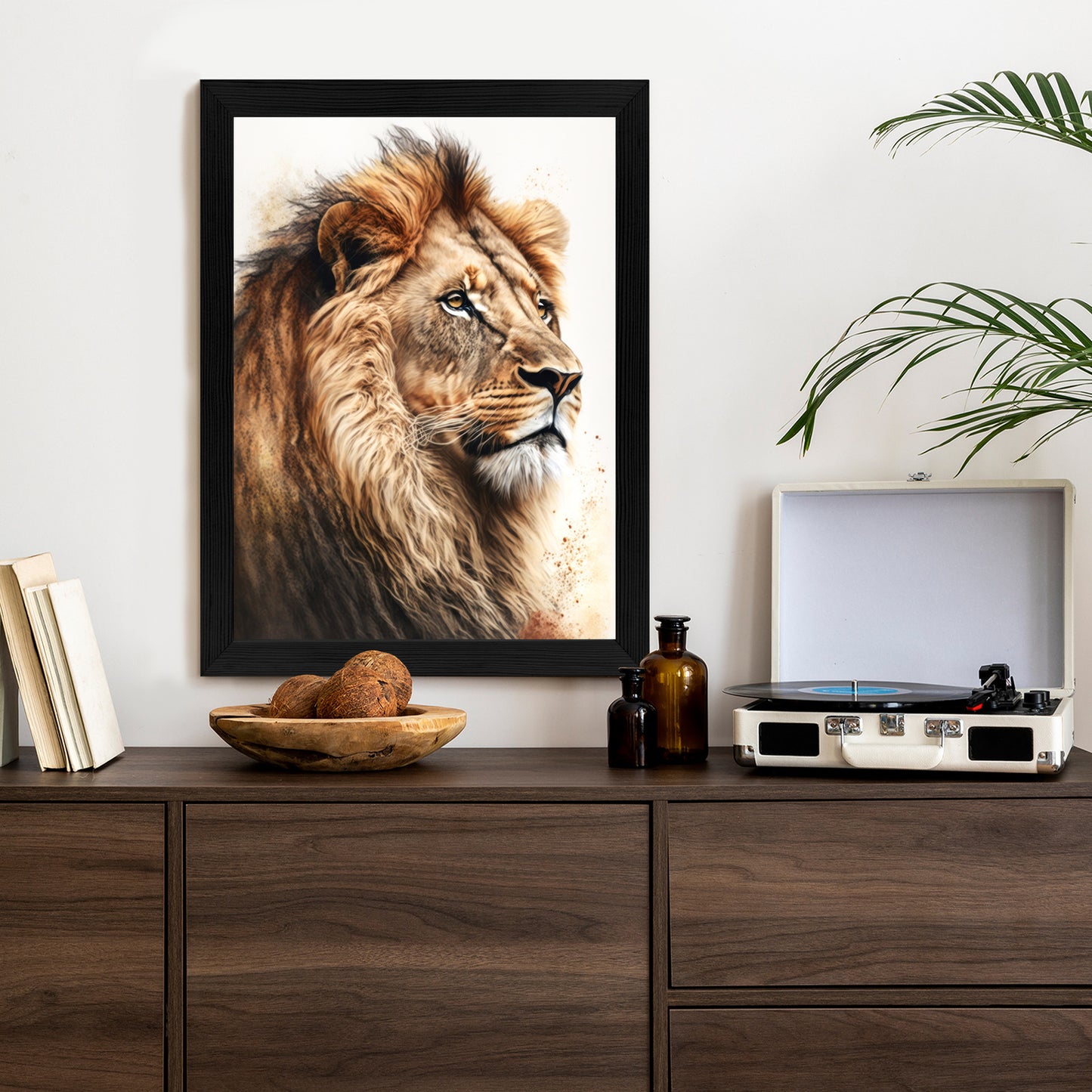 Poster Ein Löwe Mit Üppiger Mähne Rahmen Holz Mit Passepartout Farbe Natürlich
