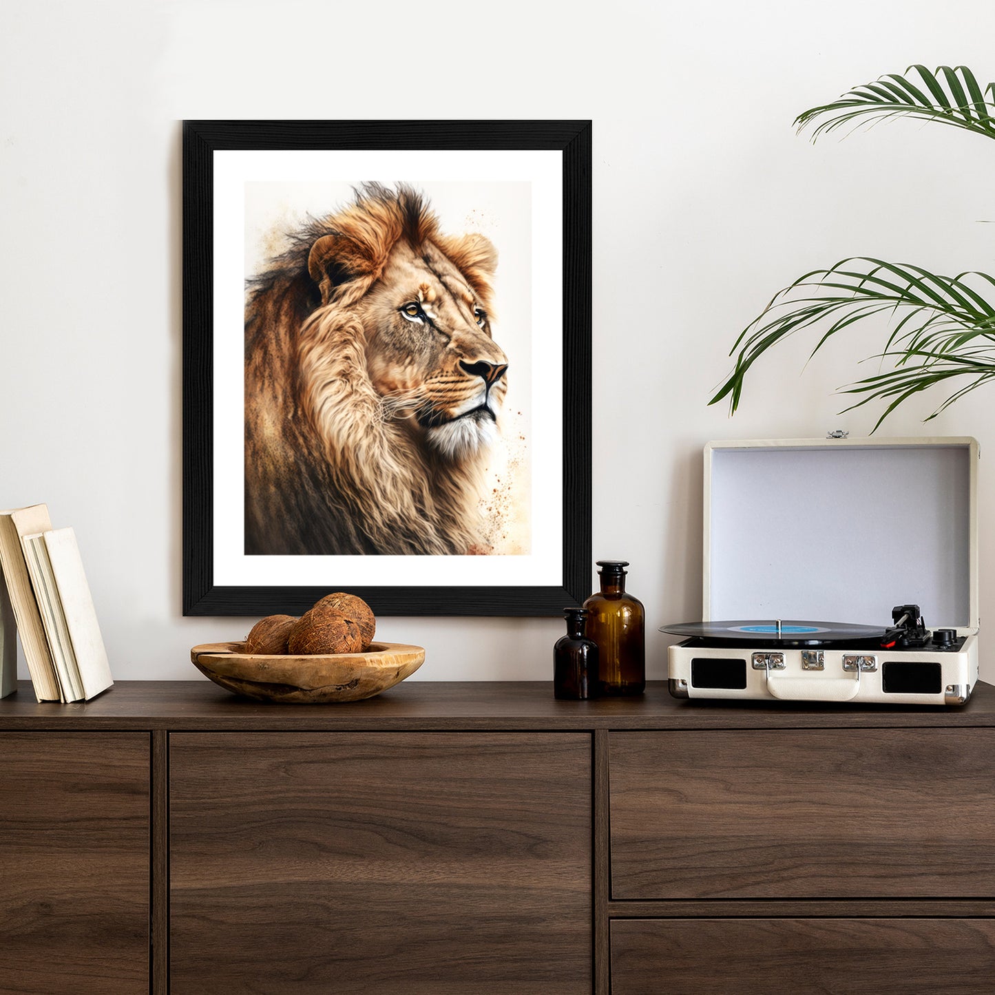 Poster Ein Löwe Mit Üppiger Mähne Rahmen Holz Mit Passepartout Farbe Natürlich