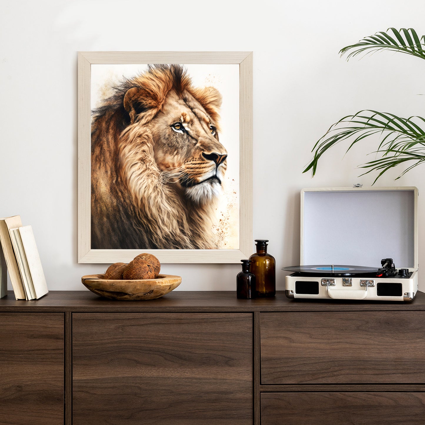 Poster Ein Löwe Mit Üppiger Mähne Rahmen Holz Mit Passepartout Farbe Natürlich
