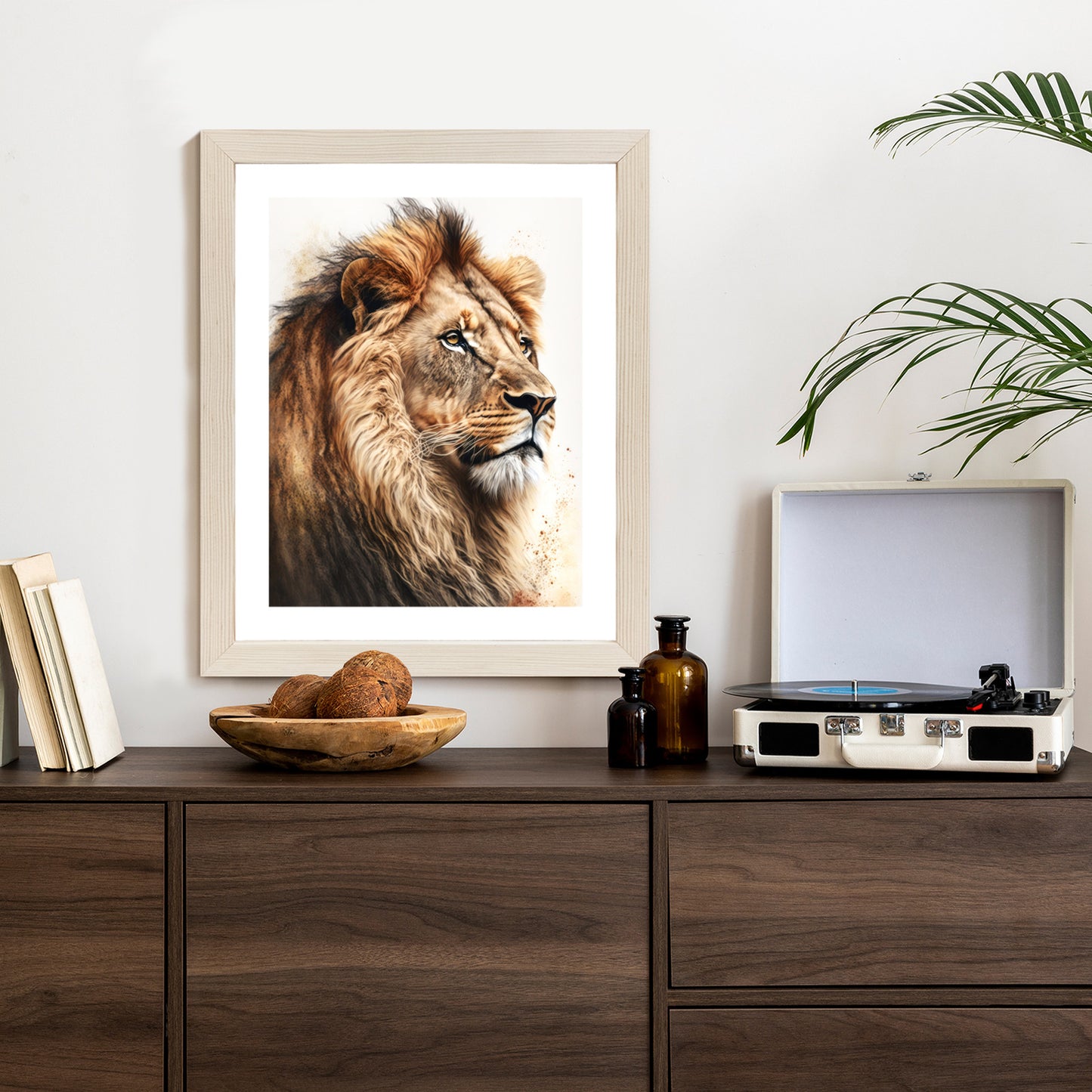 Poster Ein Löwe Mit Üppiger Mähne Rahmen Holz Mit Passepartout Farbe Natürlich