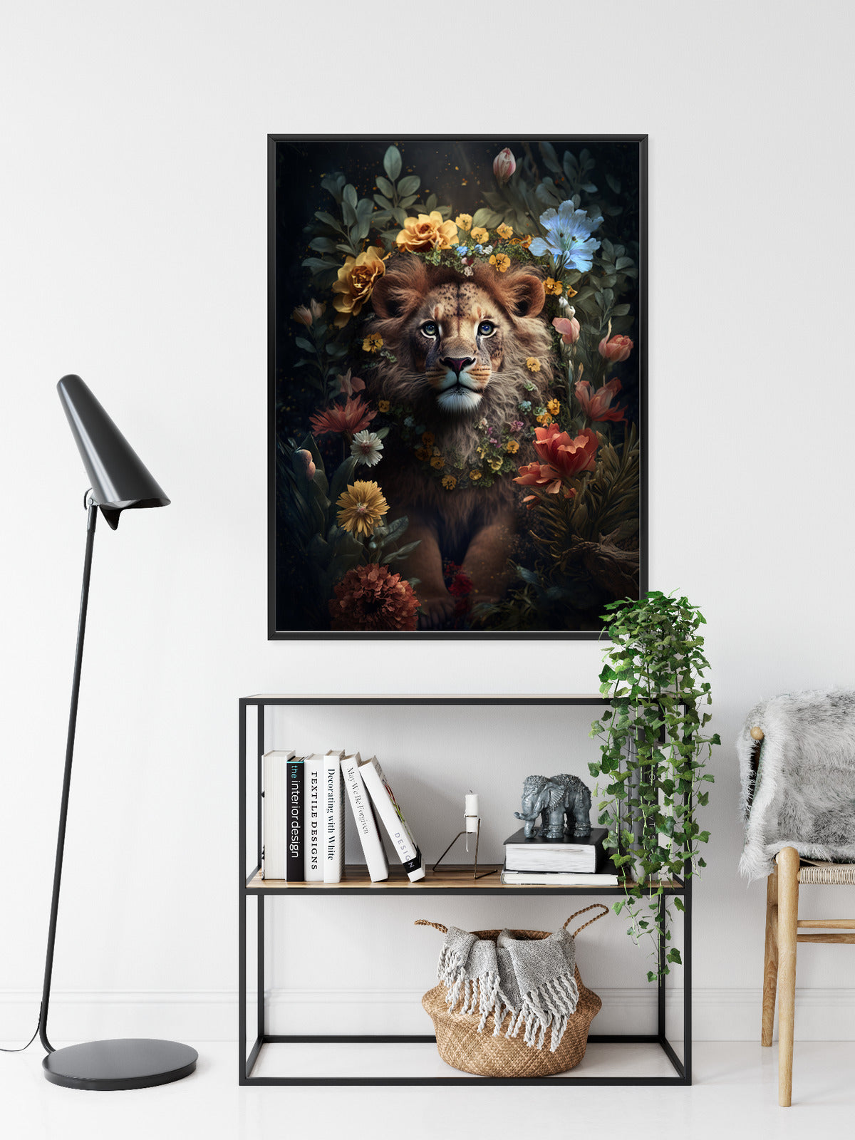Poster Porträt Eines Löwen Inmitten Von Blumen Rahmen Holz Mit Passepartout Farbe Natürlich