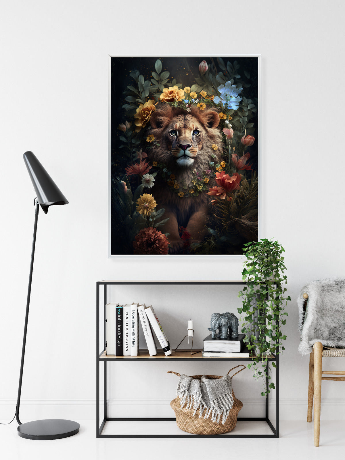 Poster Porträt Eines Löwen Inmitten Von Blumen Rahmen Holz Mit Passepartout Farbe Natürlich