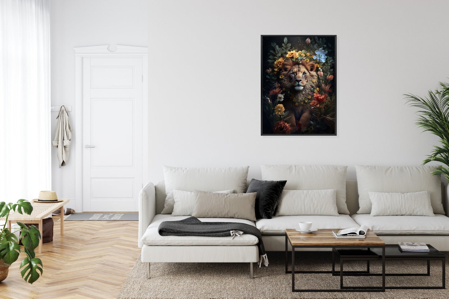 Poster Porträt Eines Löwen Inmitten Von Blumen Rahmen Holz Mit Passepartout Farbe Natürlich