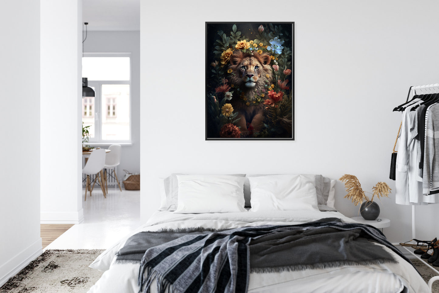 Poster Porträt Eines Löwen Inmitten Von Blumen Rahmen Holz Mit Passepartout Farbe Natürlich