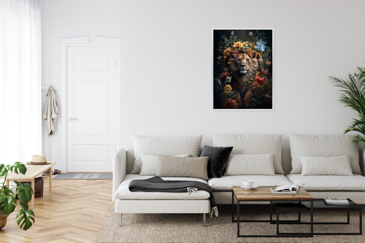 Poster Porträt Eines Löwen Inmitten Von Blumen Rahmen Holz Mit Passepartout Farbe Natürlich