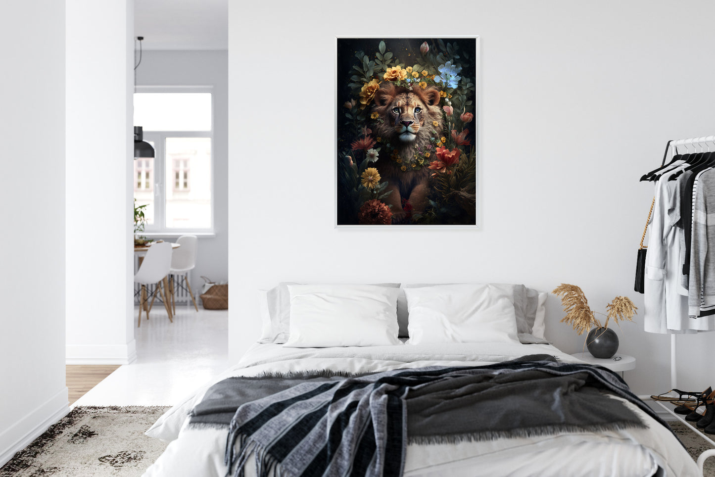 Poster Porträt Eines Löwen Inmitten Von Blumen Rahmen Holz Mit Passepartout Farbe Natürlich