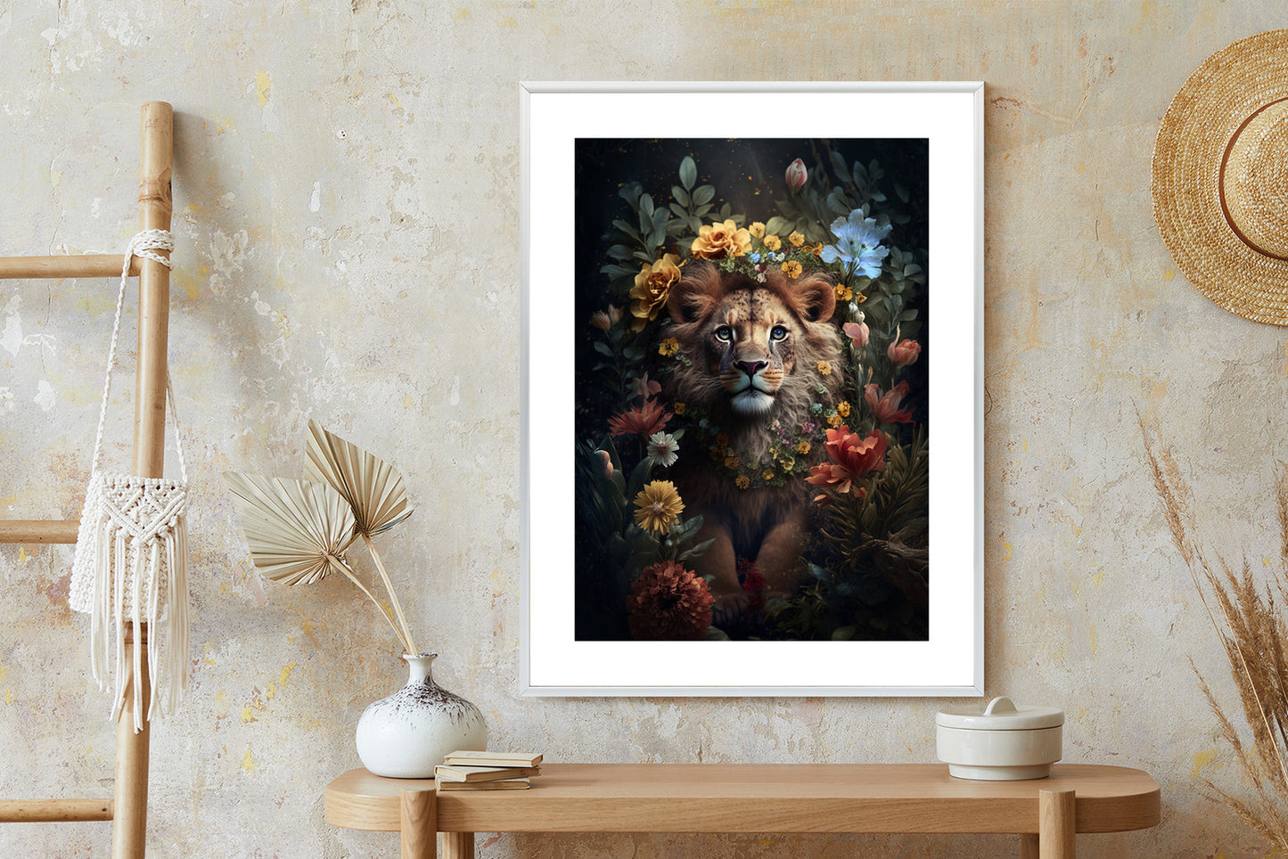 Poster Porträt Eines Löwen Inmitten Von Blumen Rahmen Holz Mit Passepartout Farbe Natürlich