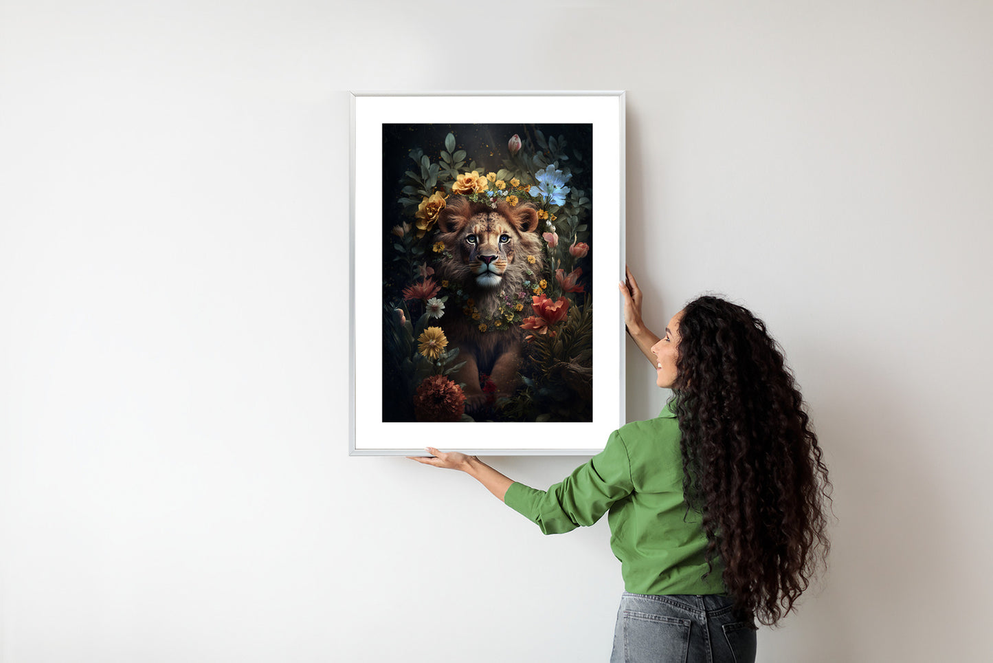 Poster Porträt Eines Löwen Inmitten Von Blumen Rahmen Holz Mit Passepartout Farbe Natürlich