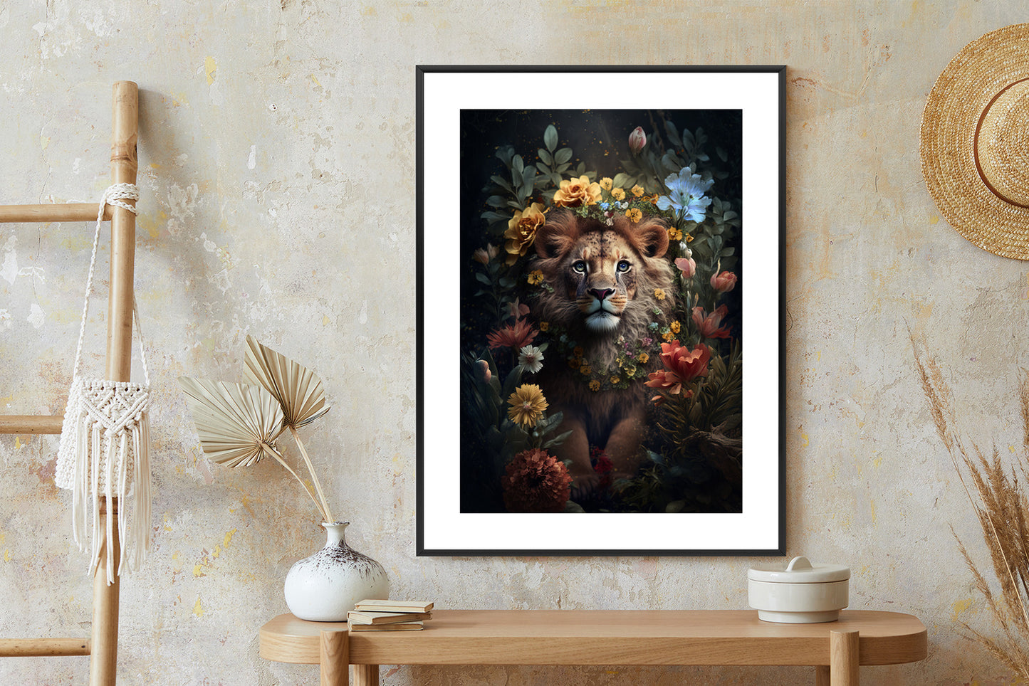 Poster Porträt Eines Löwen Inmitten Von Blumen Rahmen Holz Mit Passepartout Farbe Natürlich