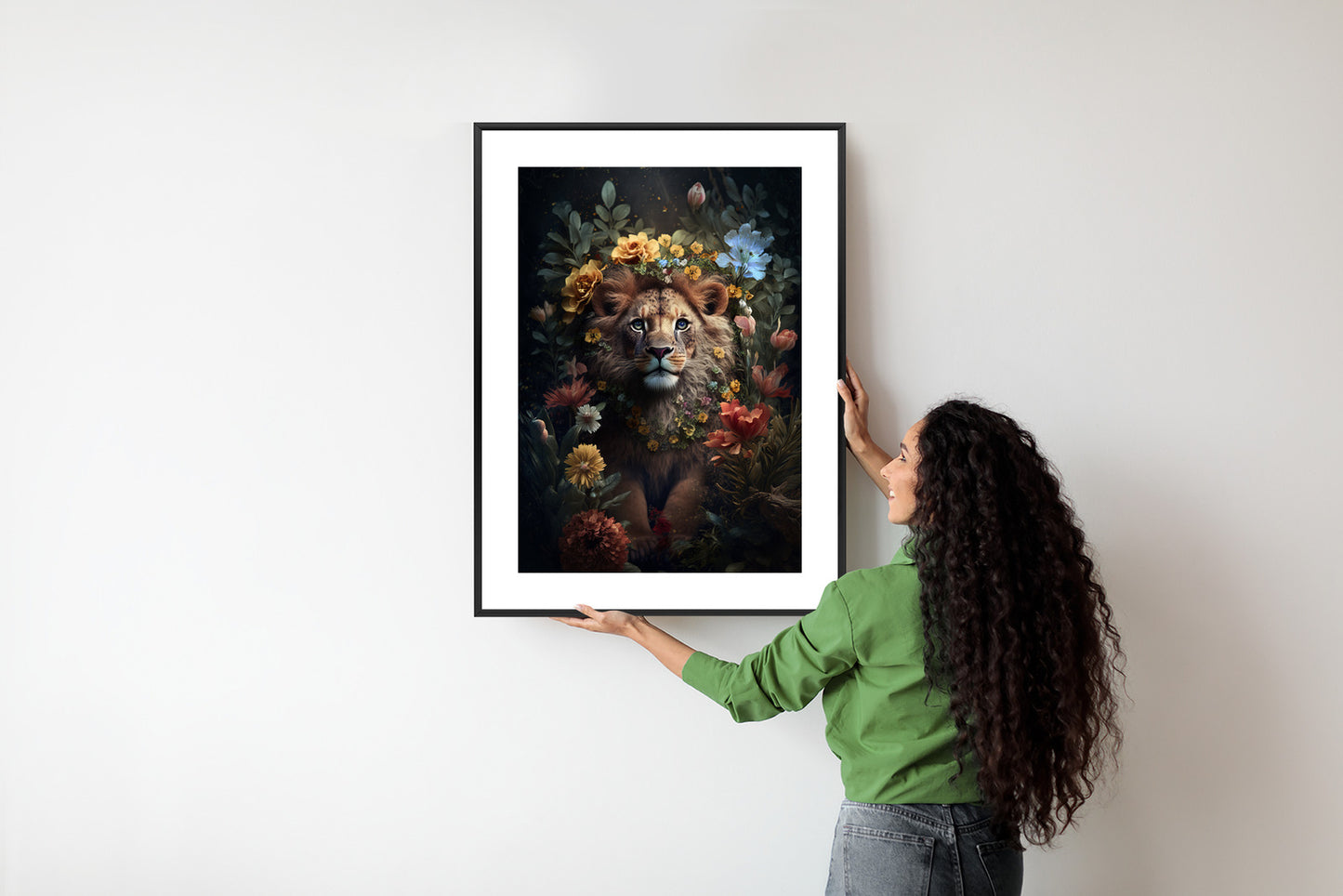 Poster Porträt Eines Löwen Inmitten Von Blumen Rahmen Holz Mit Passepartout Farbe Natürlich