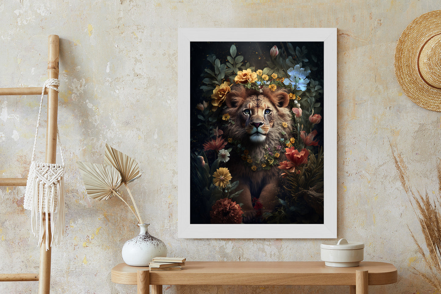 Poster Porträt Eines Löwen Inmitten Von Blumen Rahmen Holz Mit Passepartout Farbe Natürlich