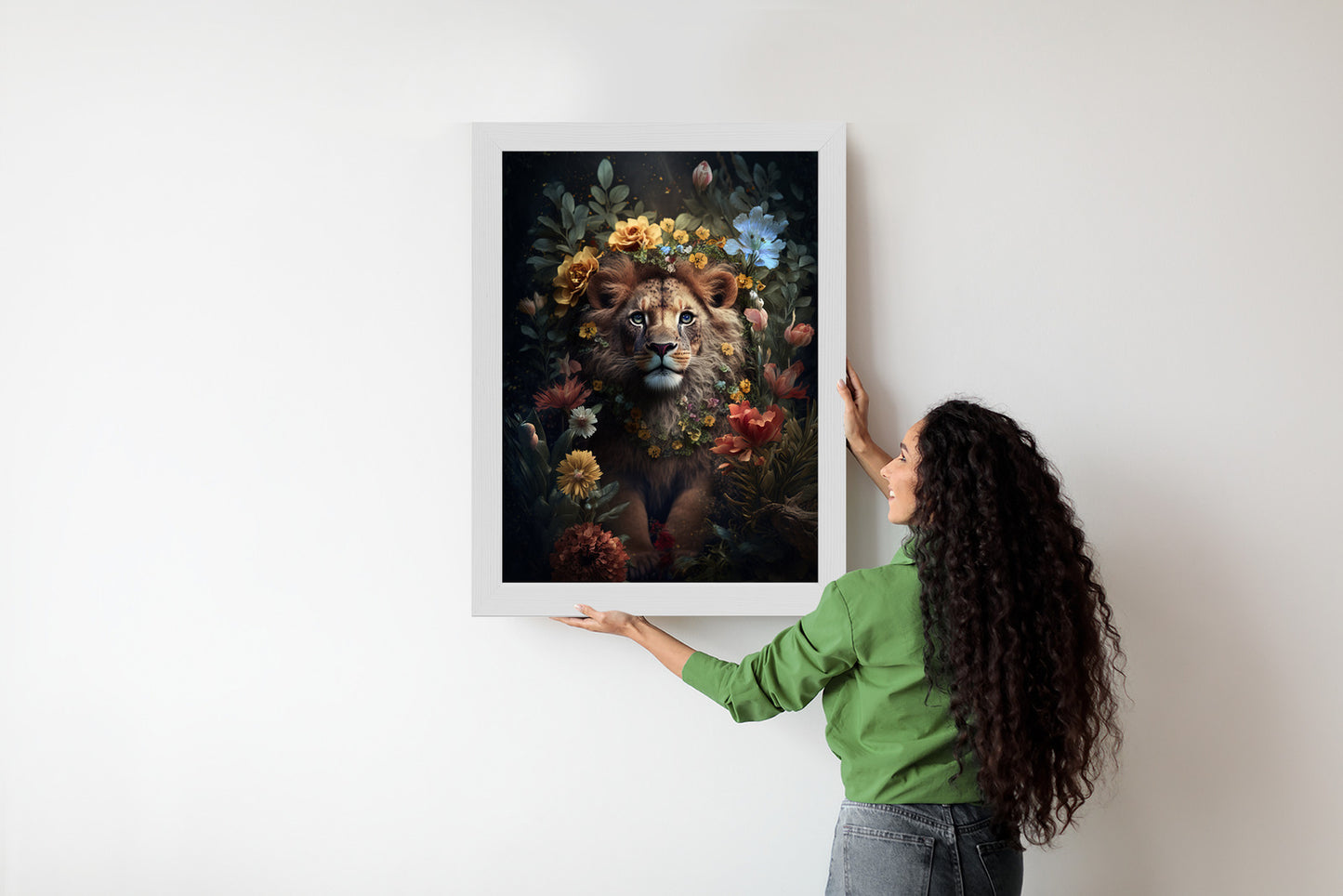 Poster Porträt Eines Löwen Inmitten Von Blumen Rahmen Holz Mit Passepartout Farbe Natürlich