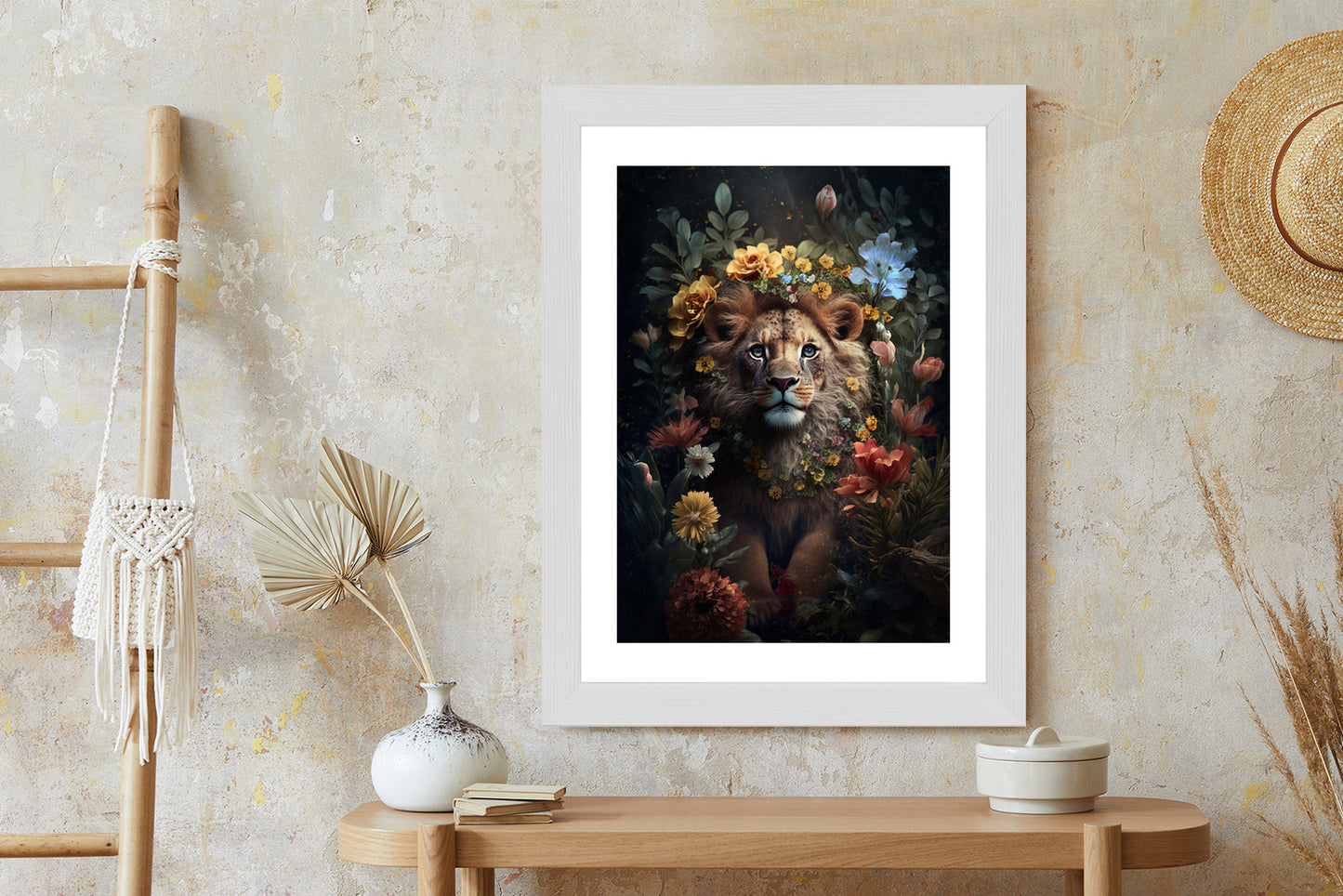 Poster Porträt Eines Löwen Inmitten Von Blumen Rahmen Holz Mit Passepartout Farbe Natürlich