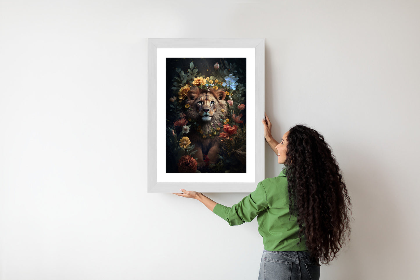 Poster Porträt Eines Löwen Inmitten Von Blumen Rahmen Holz Mit Passepartout Farbe Natürlich