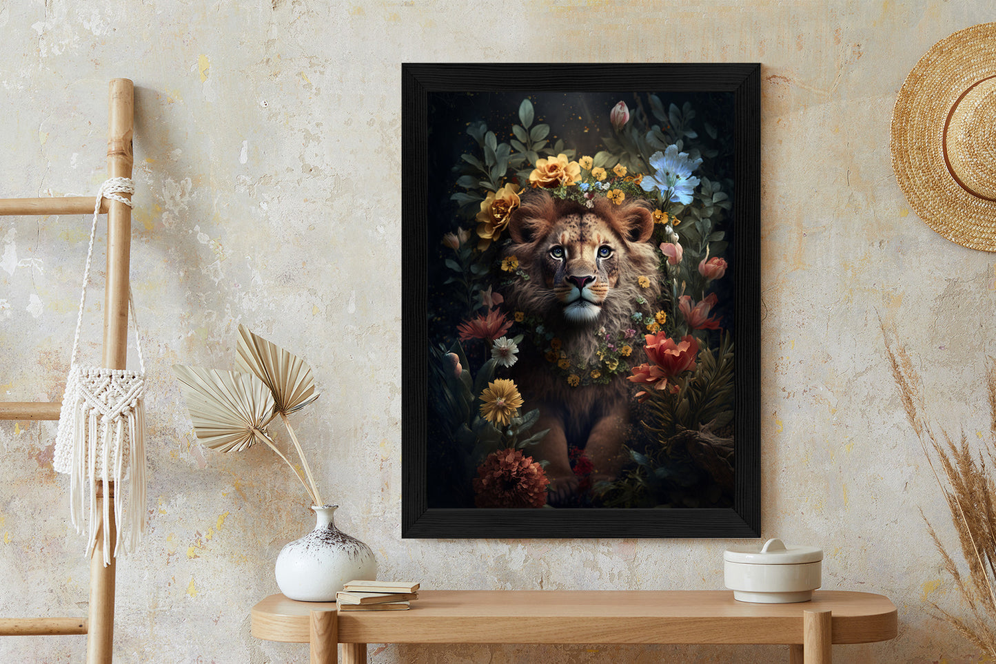 Poster Porträt Eines Löwen Inmitten Von Blumen Rahmen Holz Mit Passepartout Farbe Natürlich