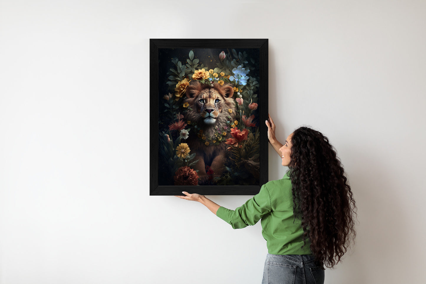 Poster Porträt Eines Löwen Inmitten Von Blumen Rahmen Holz Mit Passepartout Farbe Natürlich