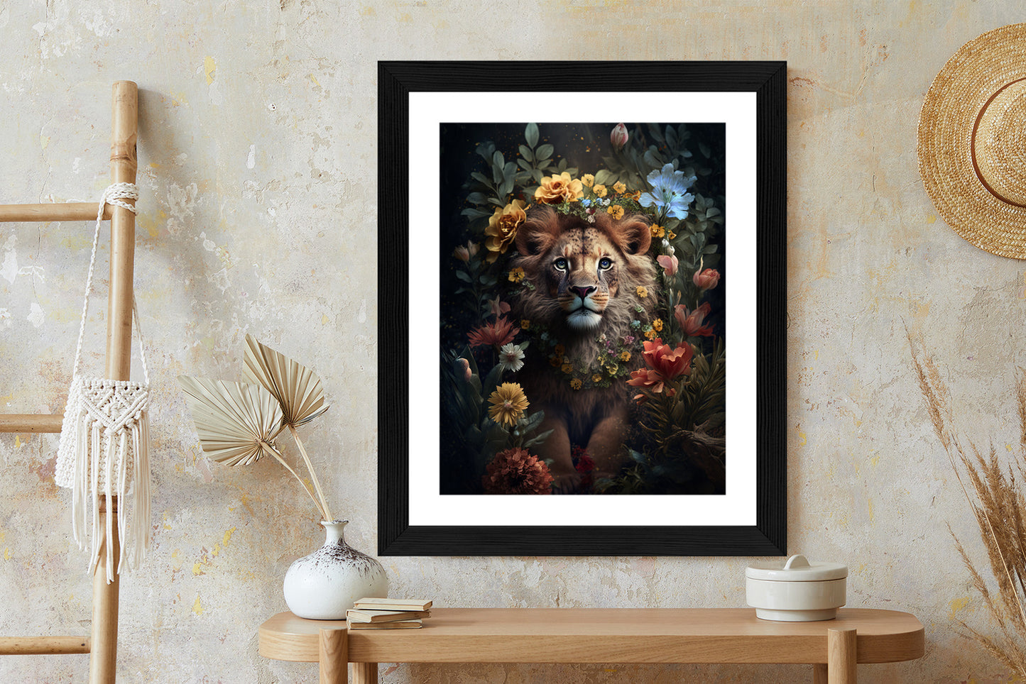 Poster Porträt Eines Löwen Inmitten Von Blumen Rahmen Holz Mit Passepartout Farbe Natürlich