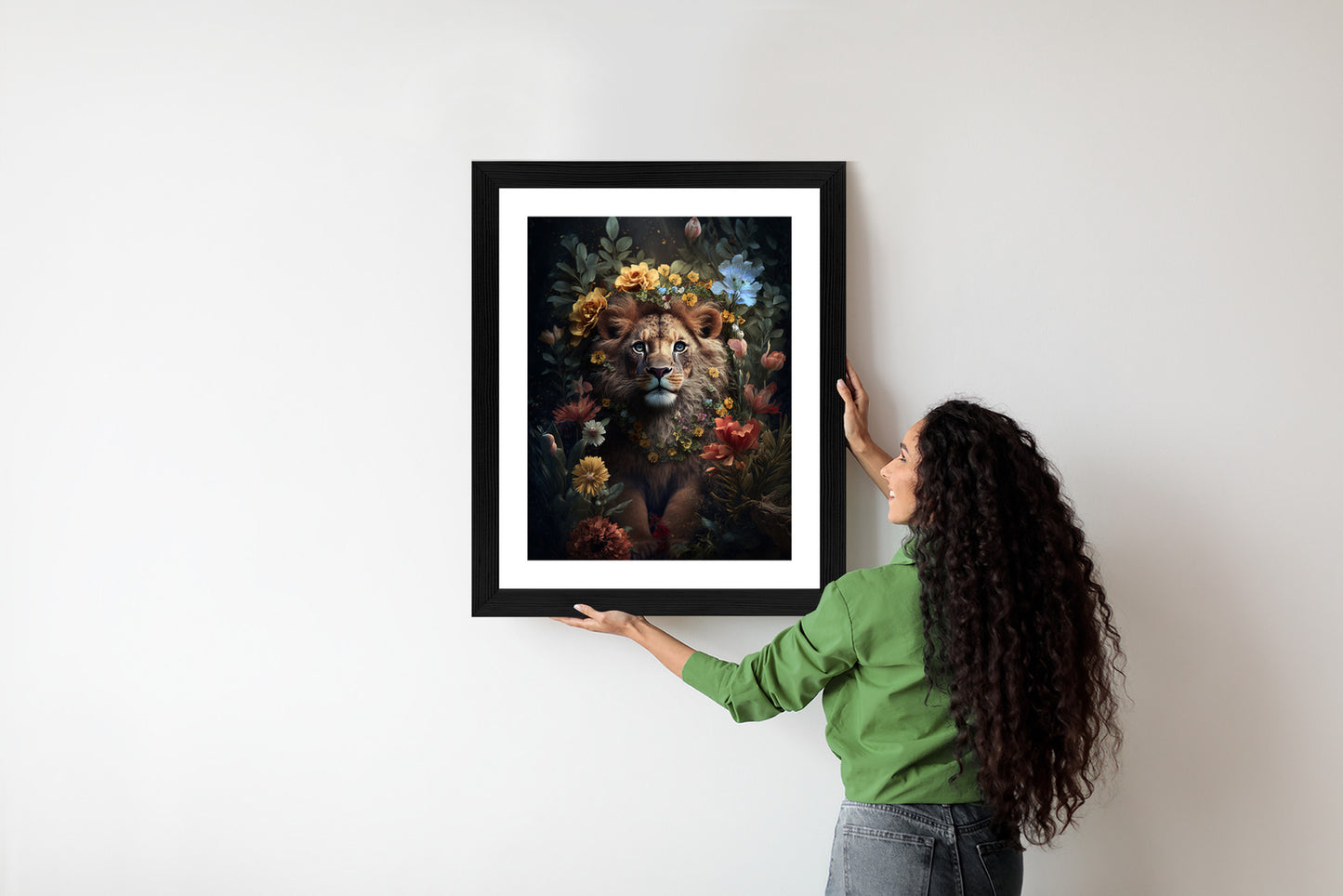 Poster Porträt Eines Löwen Inmitten Von Blumen Rahmen Holz Mit Passepartout Farbe Natürlich