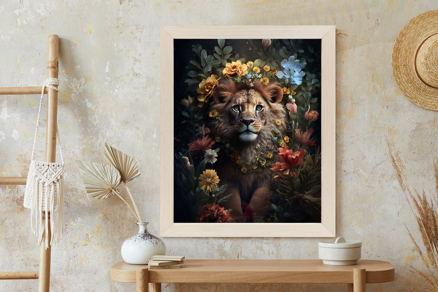 Poster Porträt Eines Löwen Inmitten Von Blumen Rahmen Holz Mit Passepartout Farbe Natürlich