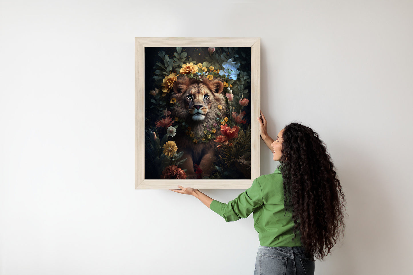 Poster Porträt Eines Löwen Inmitten Von Blumen Rahmen Holz Mit Passepartout Farbe Natürlich