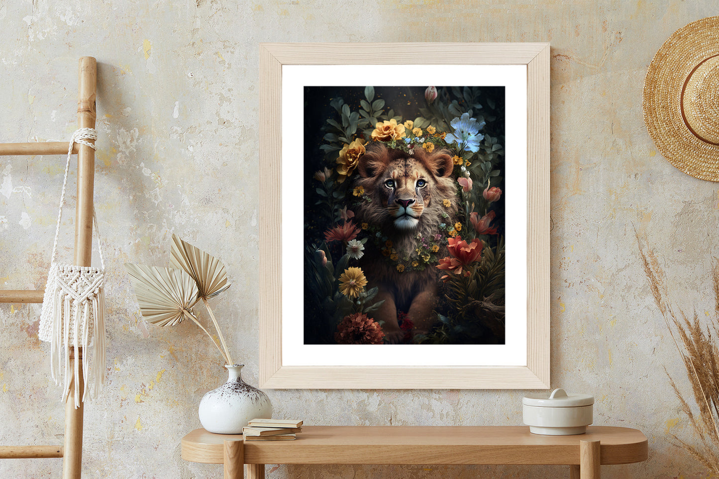 Poster Porträt Eines Löwen Inmitten Von Blumen Rahmen Holz Mit Passepartout Farbe Natürlich
